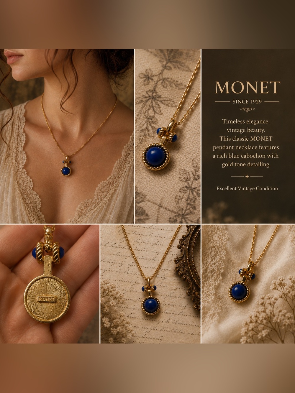 Monet Gold-Tone Necklace with Deep Blue Cabochon and Accent Beads